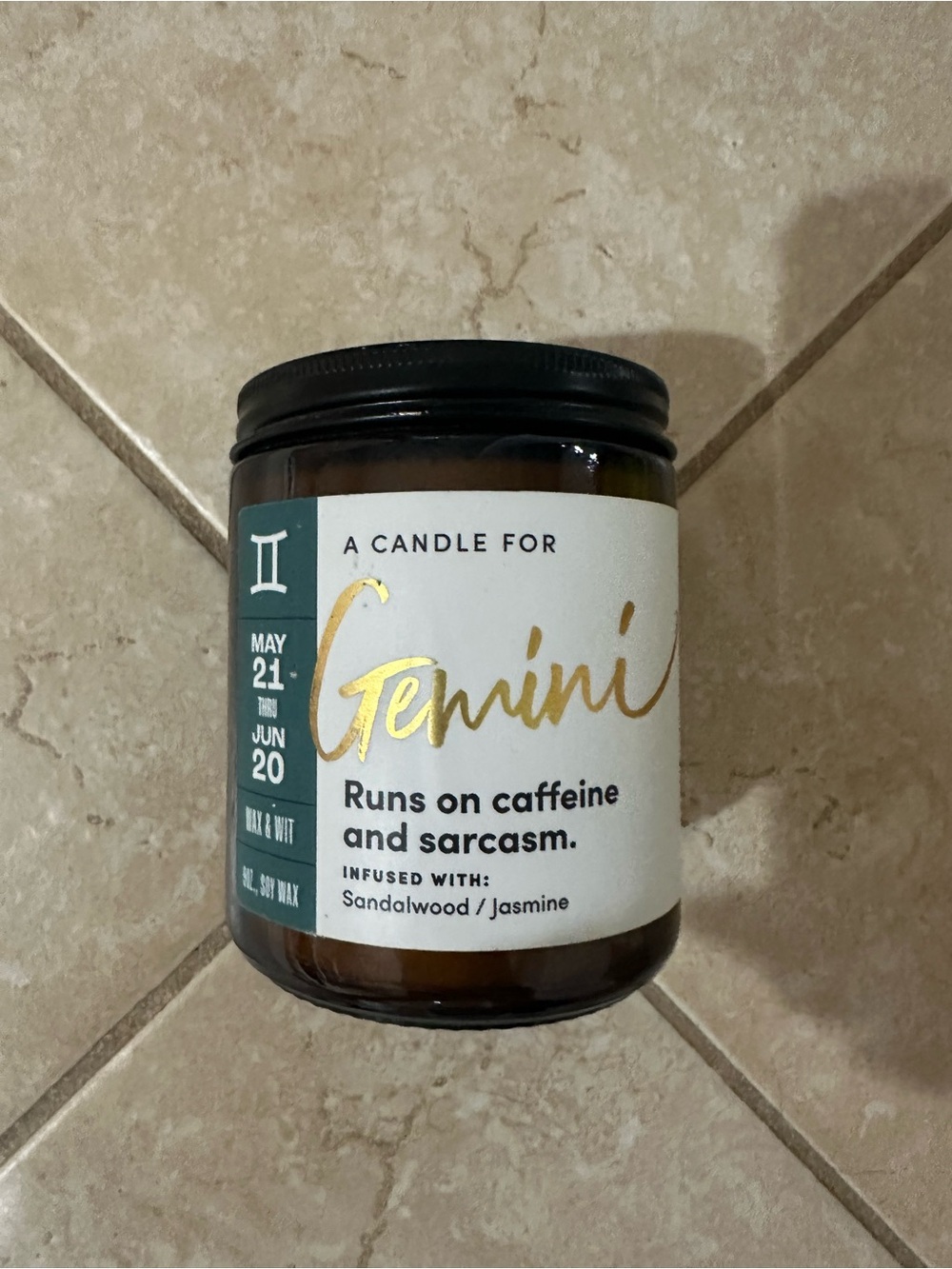 Gemini Scented Candle - Sandalwood Jasmine (Brown Jar, Black Lid)